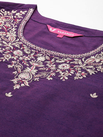 Varanga Women Purple Placement Design Embroidered Straight Kurta Paired With Contrast Bottom And Chiffon Dotted Dupatta With Four Side Fringes